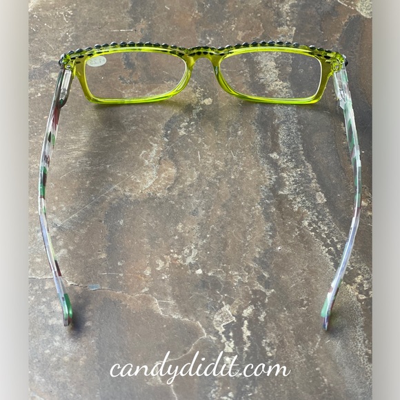 Translucent Chartreuse Camo W/Chartreuse Crystals Bling Reader Glasses With Case - Picture 6 of 11